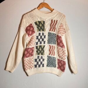 VTG Huntington Ridge HandKnit Patchwork Sweater Ramie Blend Cream M Granny Retro